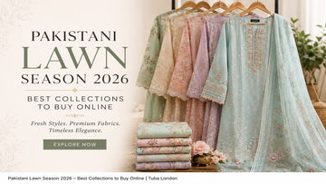 Pakistani Lawn Season 2026 banner featuring pastel embroidered Pakistani designer lawn suits and premium collections to buy online at Tuba London 