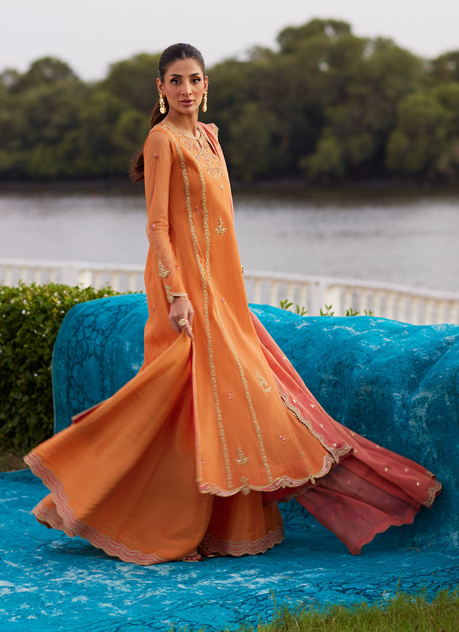 Farah Talib Aziz | Mayna Festive Luxe Pret | Anarkali Apricot Kalidaar And Dupatta