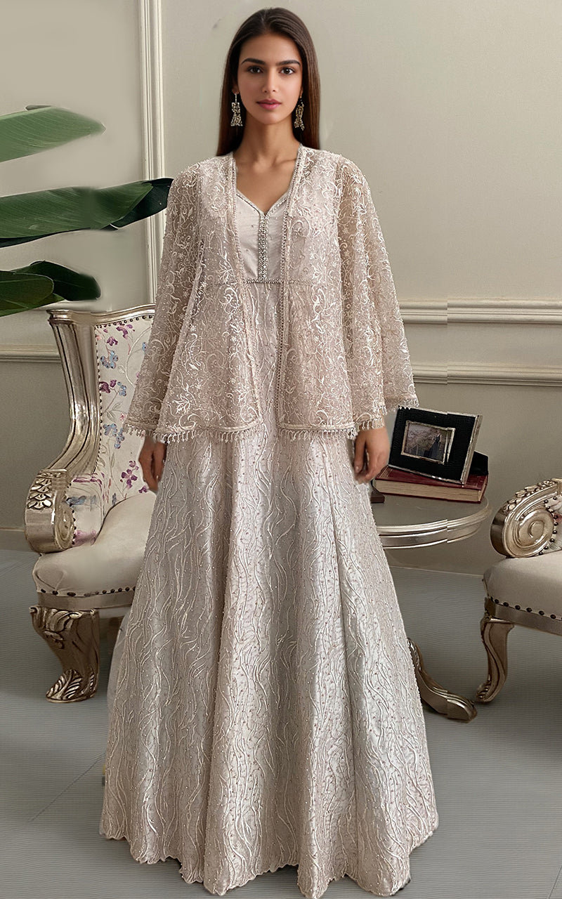 Threads and Motifs | Formal Dresses 25 | Net Embroidered Maxi With Embroidered Cape