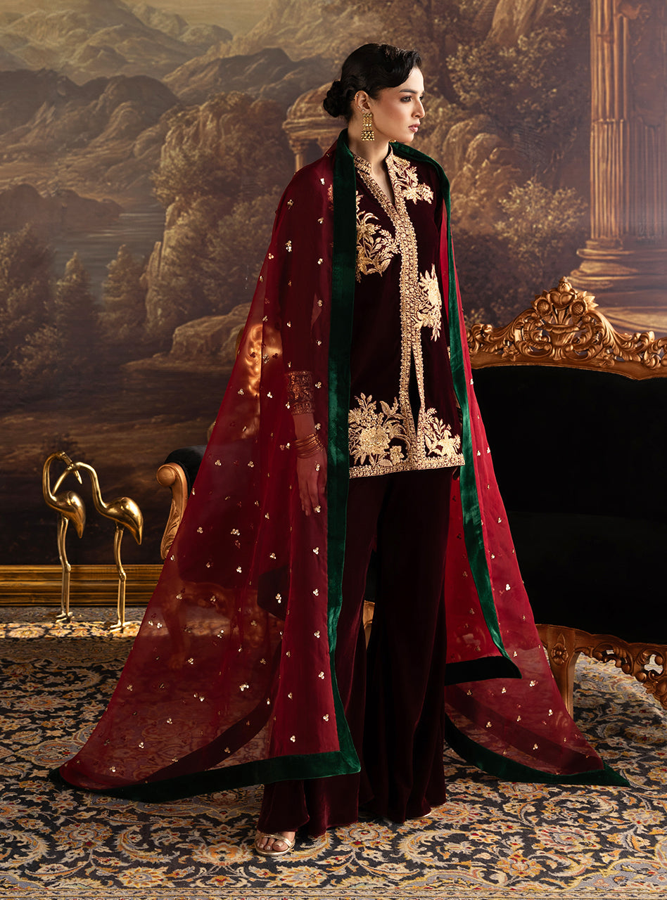 Zainab Chottani | Velura Velvet Edit 25 | Claret Flared Pants