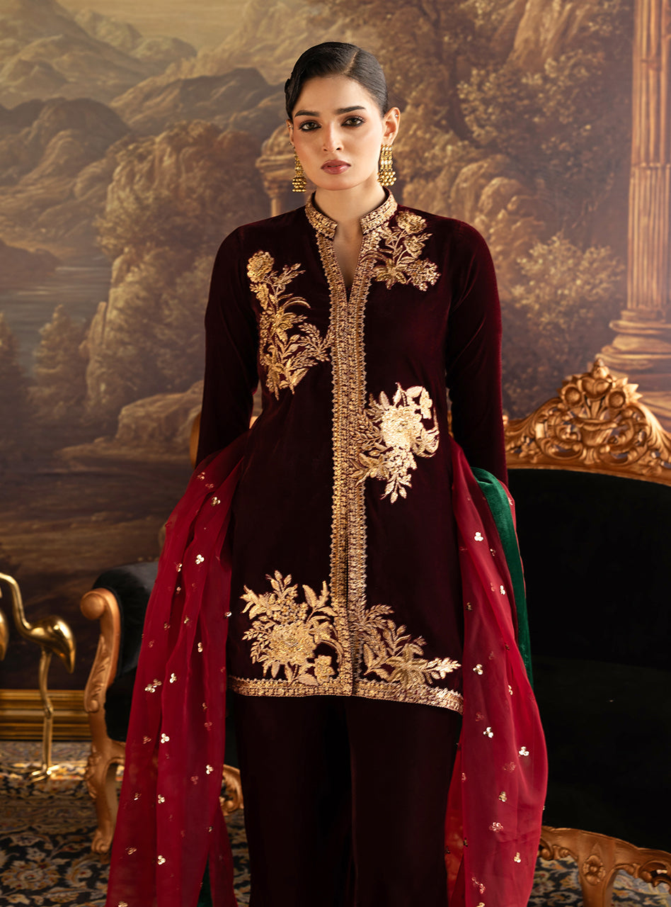 Zainab Chottani | Velura Velvet Edit 25 | Claret Flared Pants
