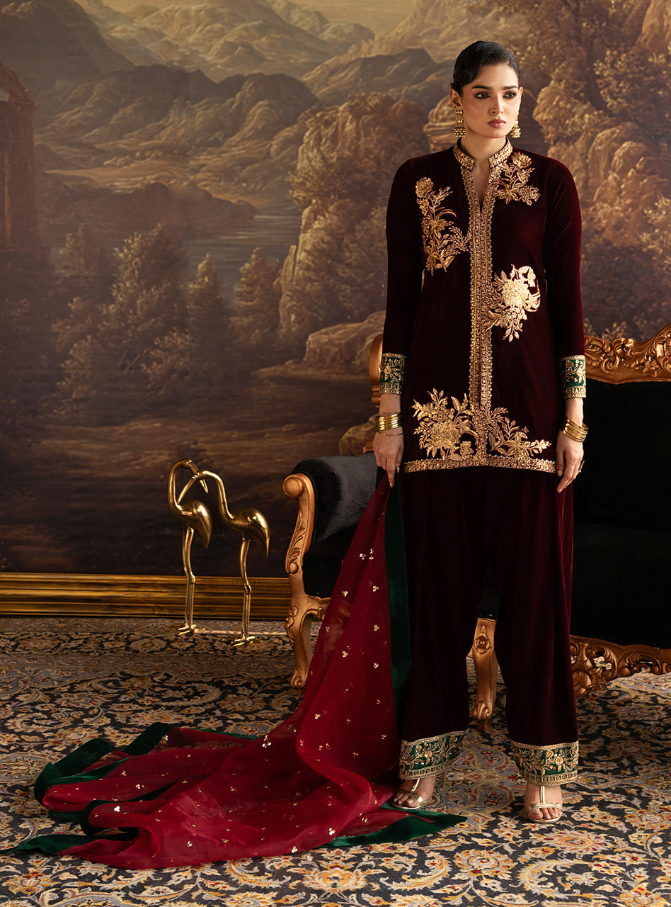 Zainab Chottani | Velura Velvet Edit 25 | Claret Farshi