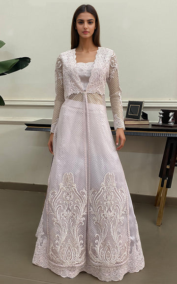 Threads and Motifs | Formal Dresses 25 | Net Embroidered Jacket with Embroidered Blouse and Skirt
