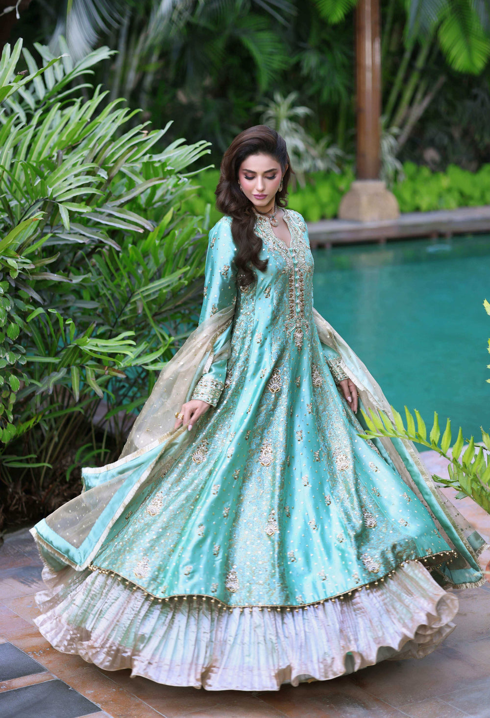 Wahaj M Khan | Nur Festive | Two-Toned Green Sheesha Block Nur Anarkali