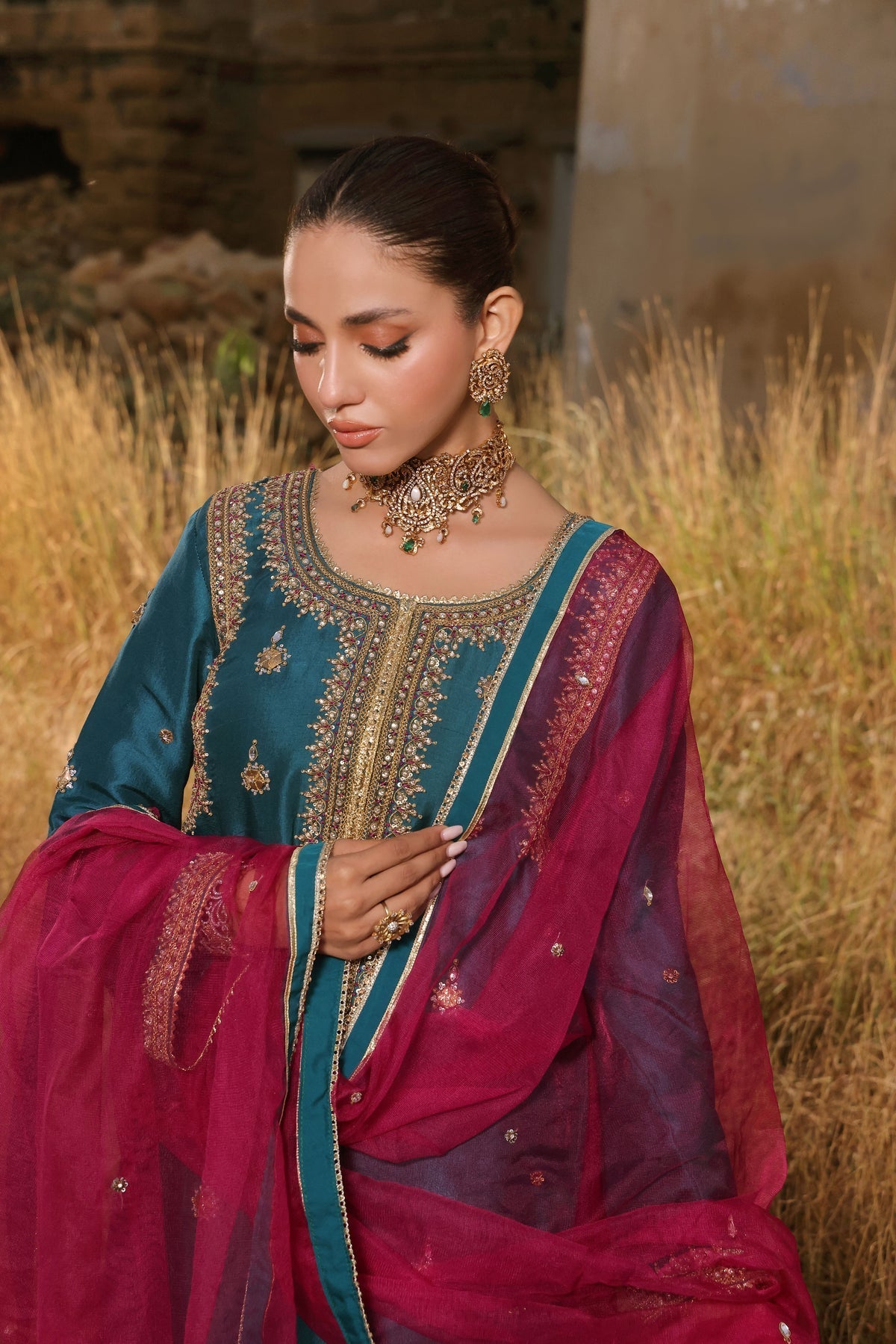 Wahaj M Khan | Banno Wedding Formals | Teal Maroori set