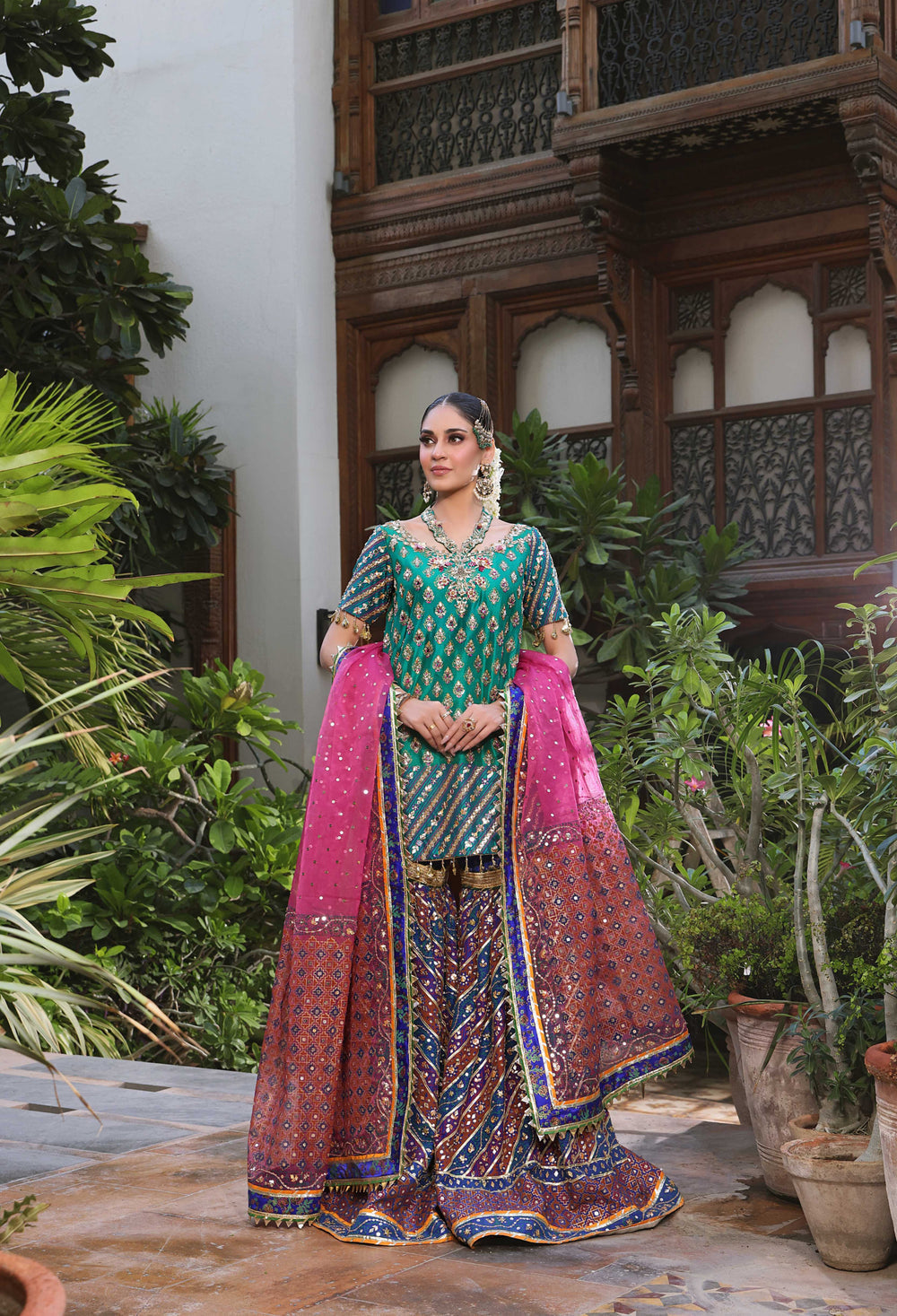 Wahaj M Khan | Nur Festive | Green Blue Gharara Nur Block Set