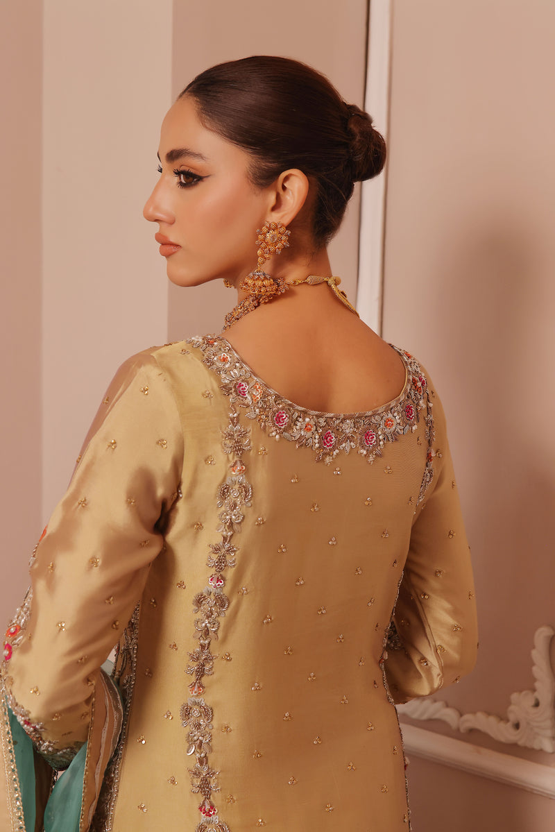 Wahaj M Khan | Banno Formals | GOLD SHEESHA BANO2 PLAZZO SET