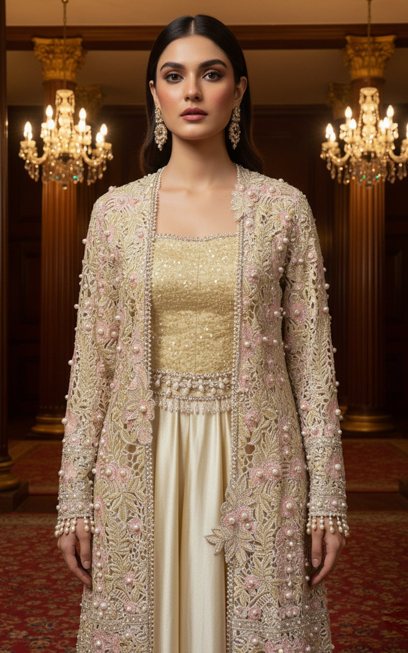 Threads and Motifs | Formal Dresses 25 | Organza Embroidered Jacket With Blouse And Skirt