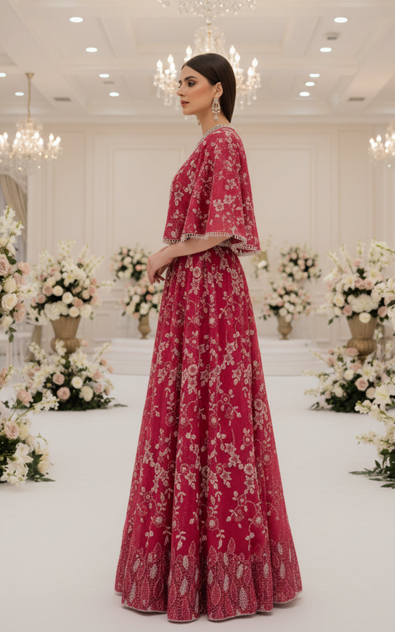 Threads and Motifs | Formal Dresses 25 | Net Embroidered Blouse With Cape And Lehenga