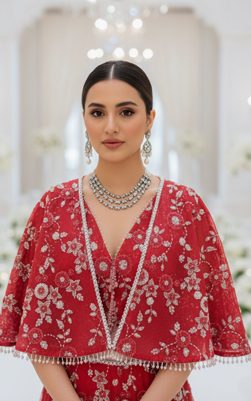 Threads and Motifs | Formal Dresses 25 | Net Embroidered Blouse With Cape And Lehenga