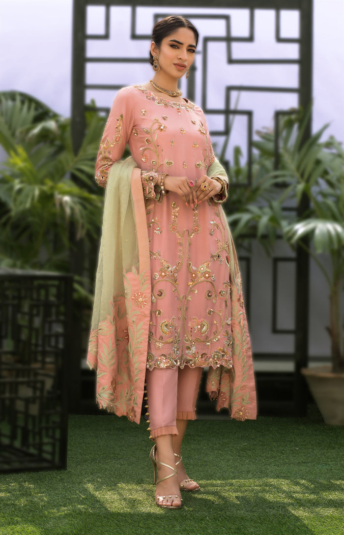 Wahaj M.Khan | Nureh Wedding Formals | Pink and Mint Green Straight Shirt and Pant
