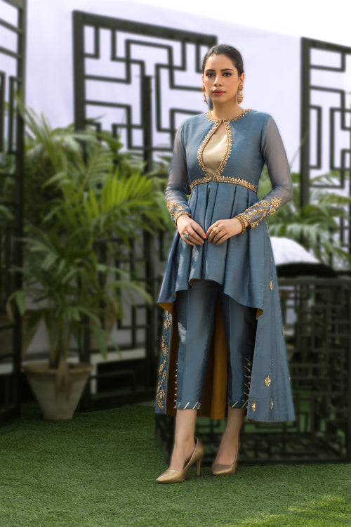 Wahaj M.Khan | Nureh Wedding Formals | Grey Asymmetric Jacket