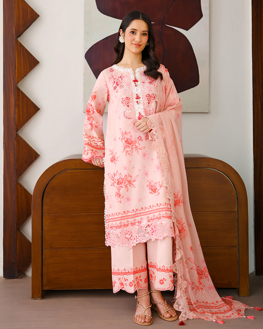 Roheenaz | Sunlit Tales Printed Embroidered Edit | Coral whisper