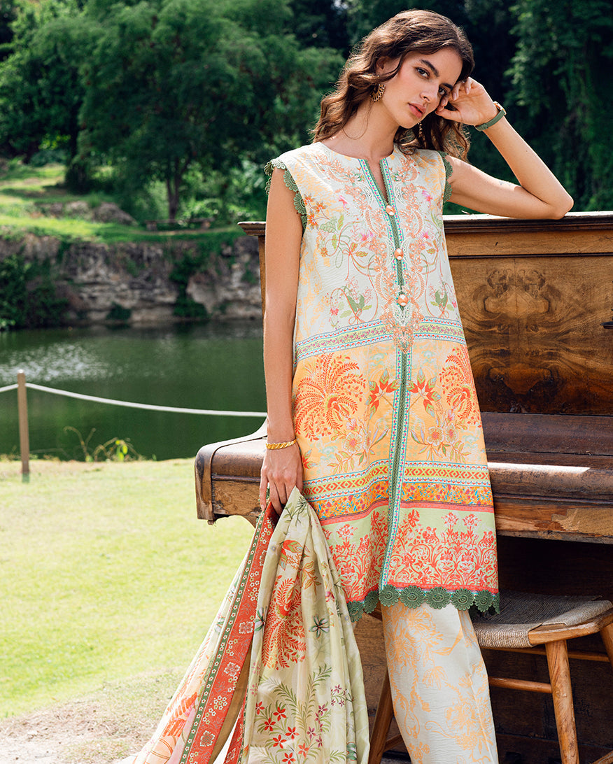 Roheenaz | Garden Veal Printed Lawn 25 | Gold Riddle
