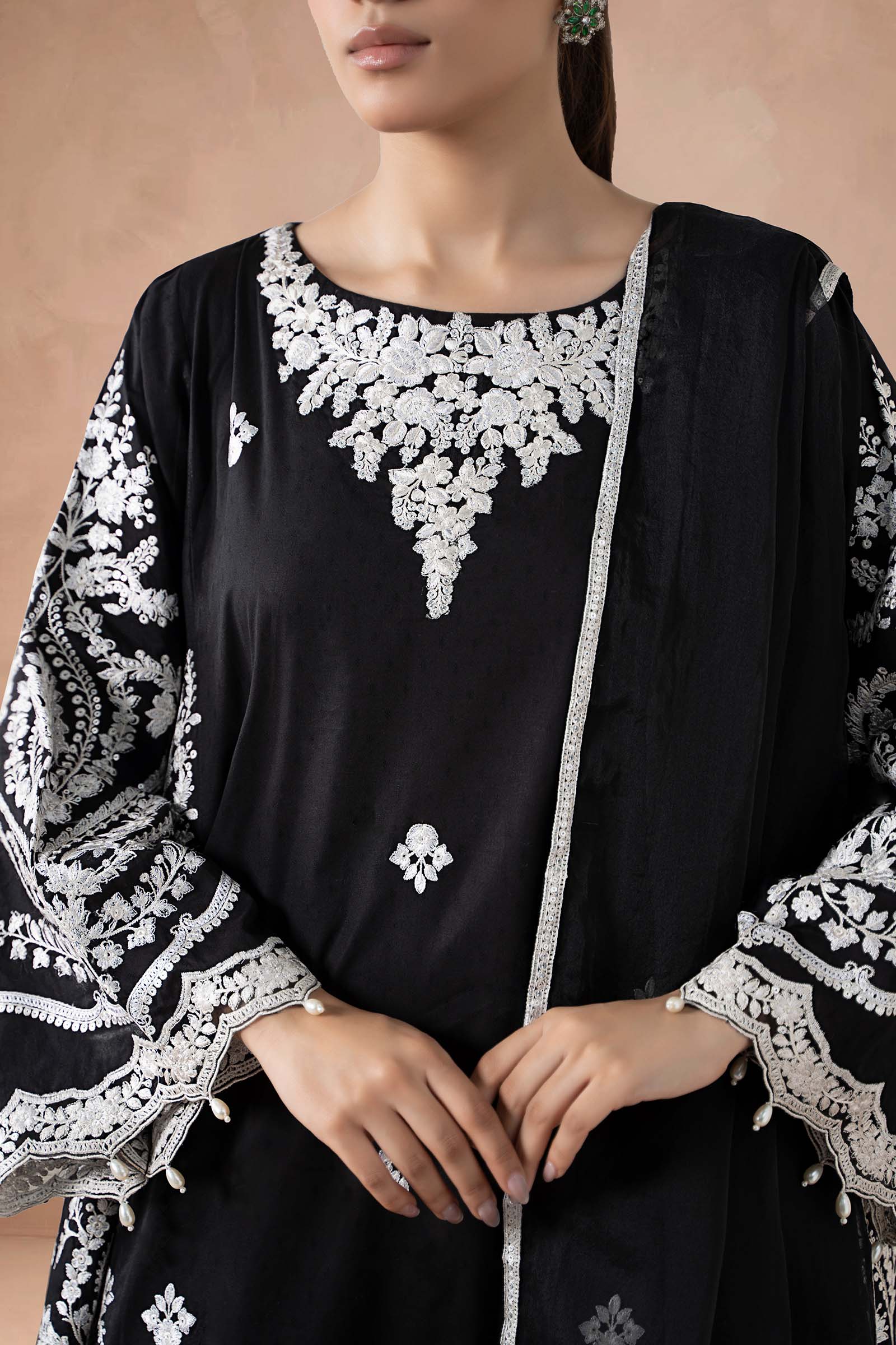 Maria B | Pre Fall Dresses | 3 Piece Embroidered Self Jacquard Suit Black
