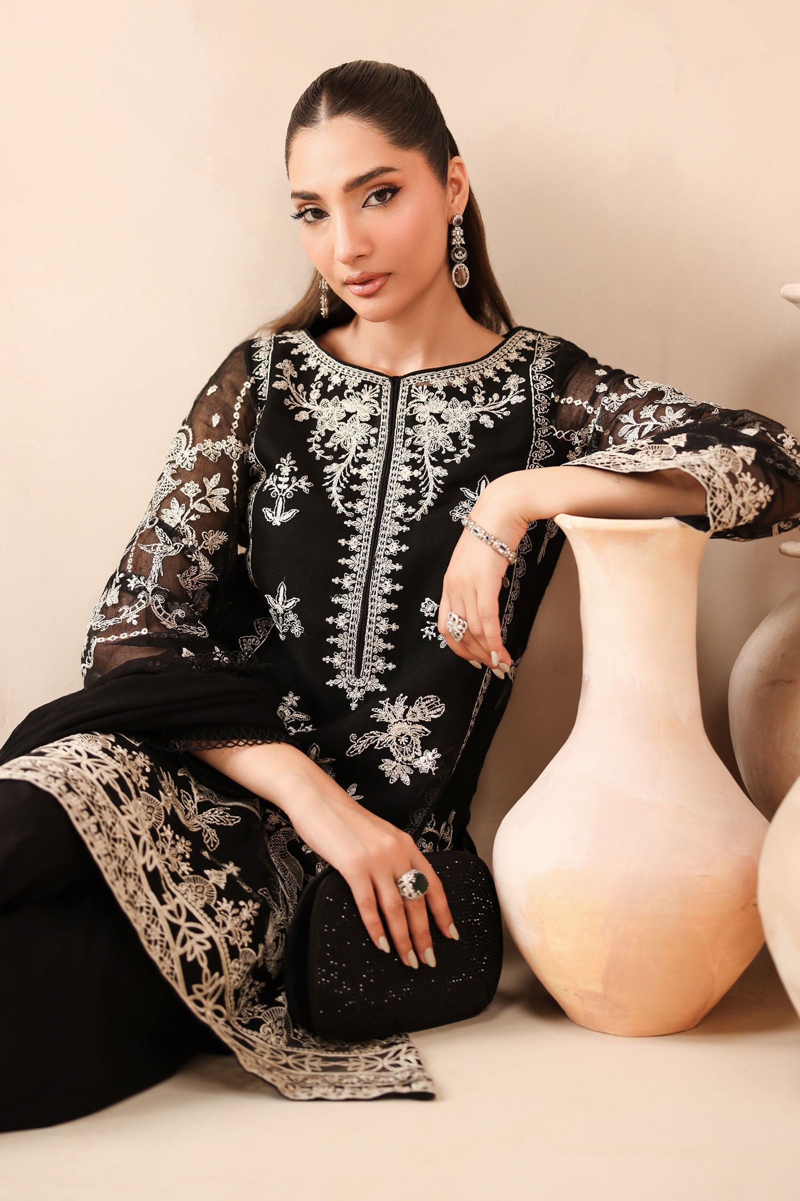 Maria B | Pre Fall Dresses | 3 Piece Embroidered Cotton Net Suit Black