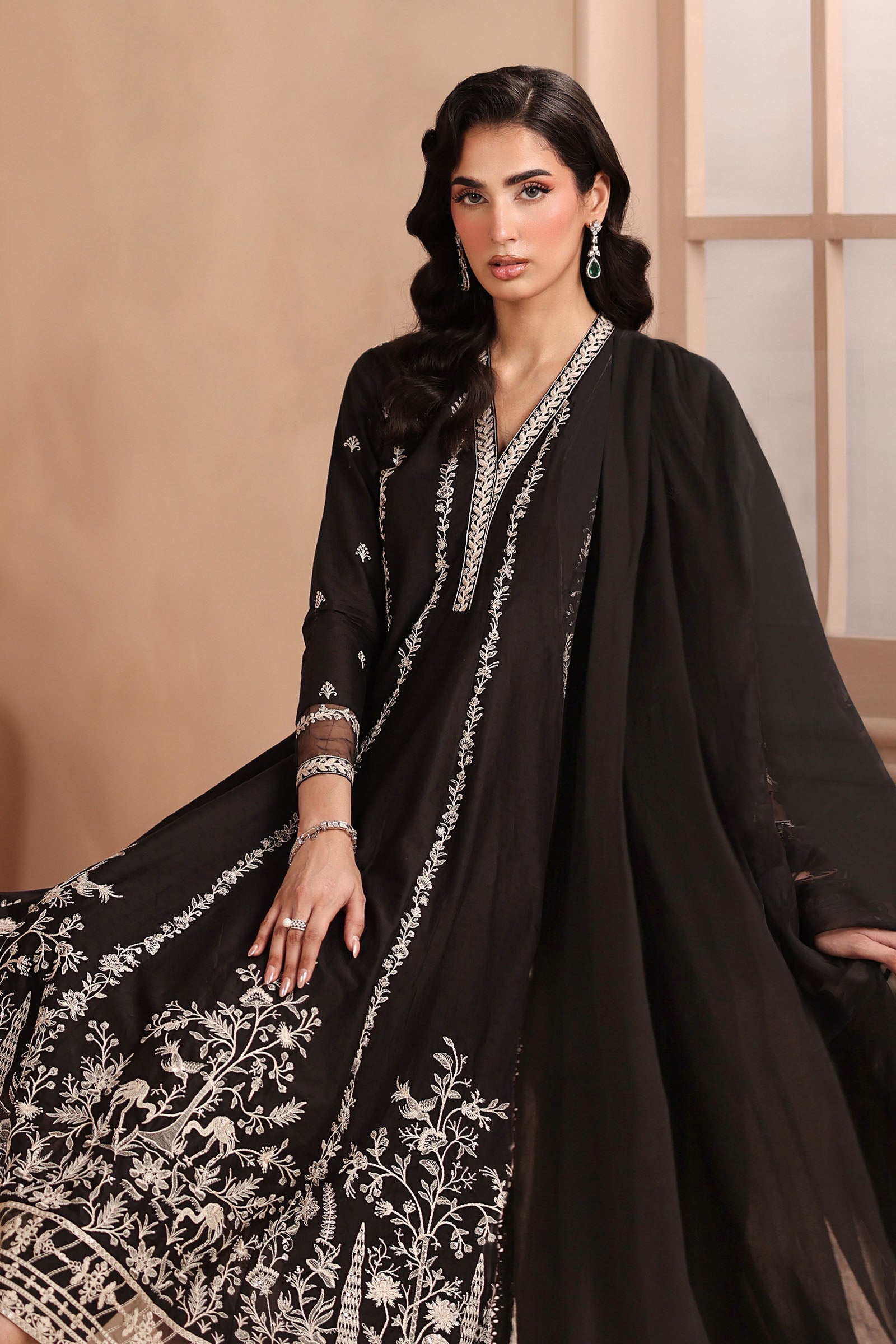 Maria B | Pre Fall Dresses | 3 Piece Embroidered Dobby Suit Black1