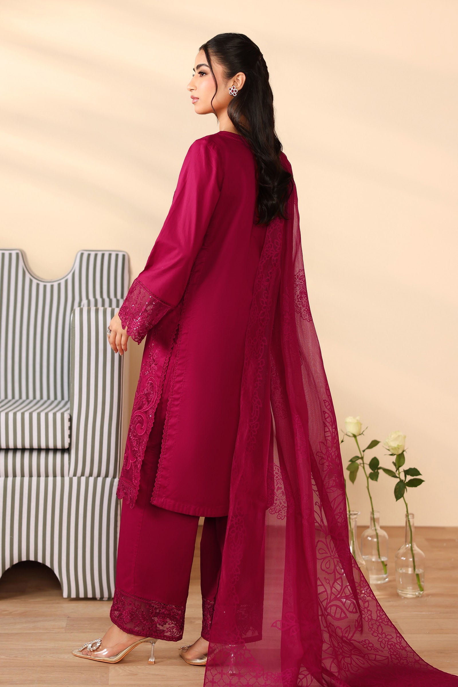 Maria B | Pre Fall Dresses | 3 Piece Embroidered Dobby Suit Maroon