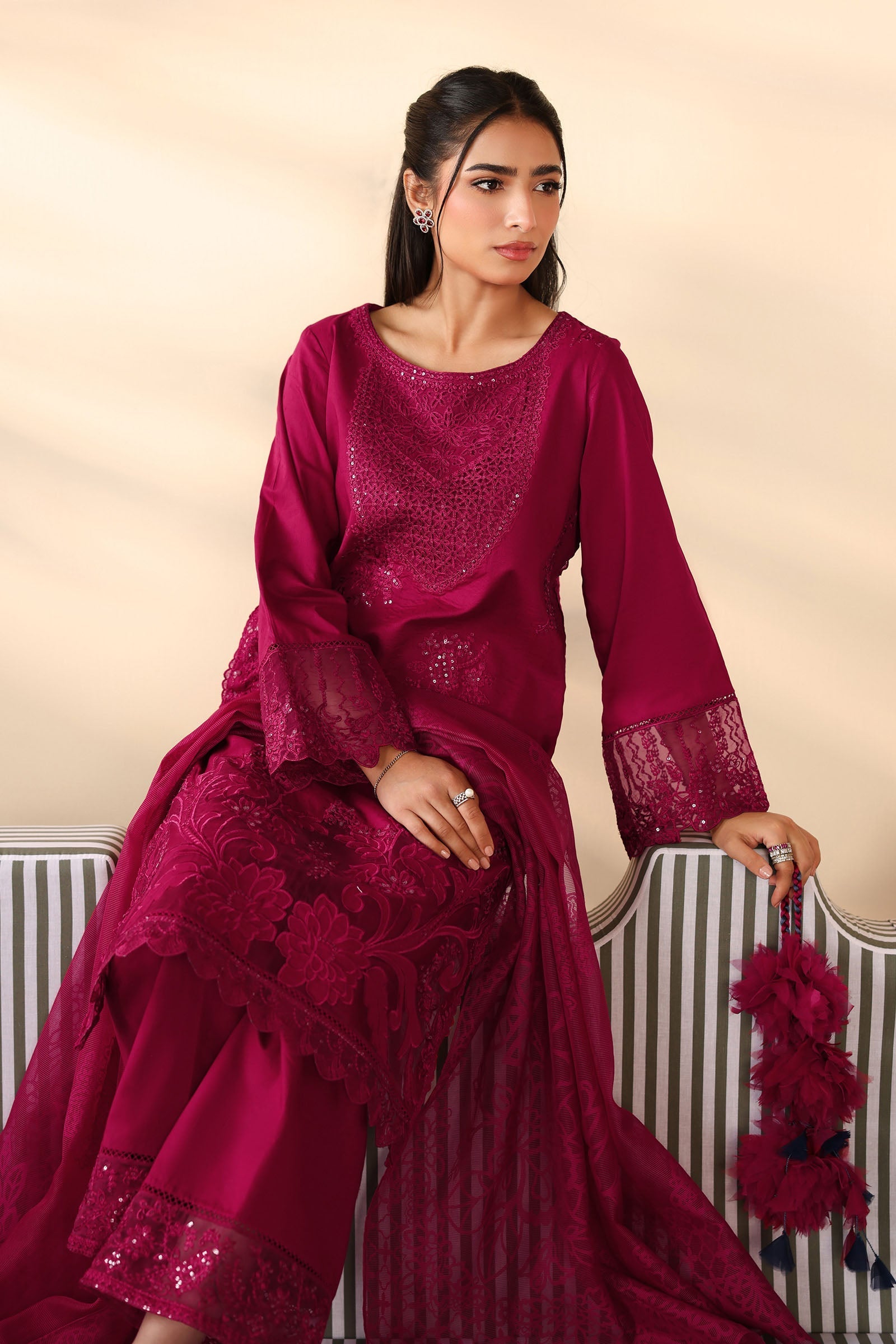 Maria B | Pre Fall Dresses | 3 Piece Embroidered Dobby Suit Maroon