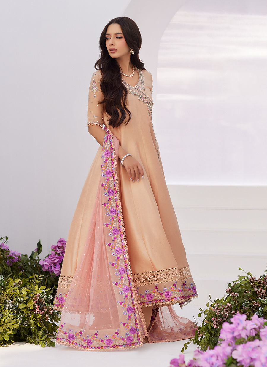 Farah Talib Aziz | Zaza Luxe Pret 24 | LISETTE FAWN EMBELLISHED RAW SILK ANGARKHA AND DUPATTA