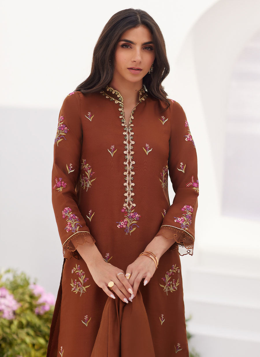 Farah Talib Aziz | Zaza Luxe Pret 24 | NOEMIE CHOCOLATE EMBROIDERED RAW SILK SHIRT AND DUPATTA