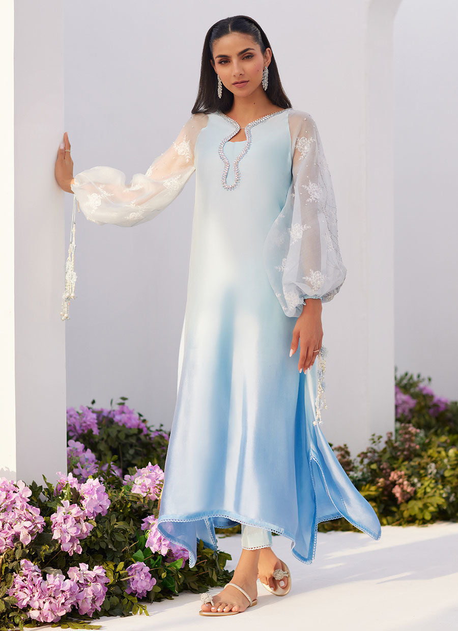 Farah Talib Aziz | Zaza Luxe Pret 24 | BOW OMBRE BLUE EMBELLISHED KAFTAN CUT SHIRT