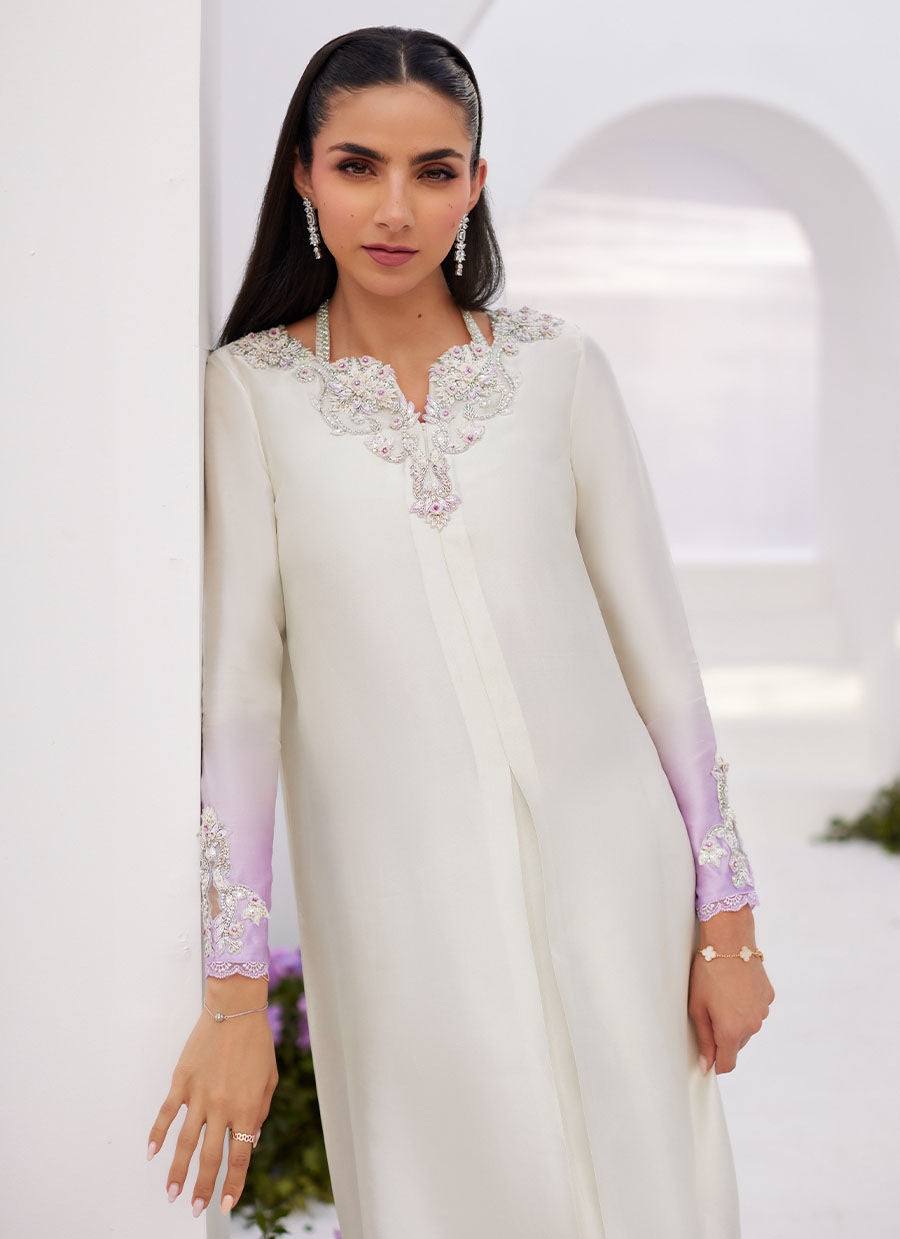 Farah Talib Aziz | Zaza Luxe Pret 24 | LIQUE SILVER OMBRE EMBELLISHED KAFTAAN CUT SHIRT