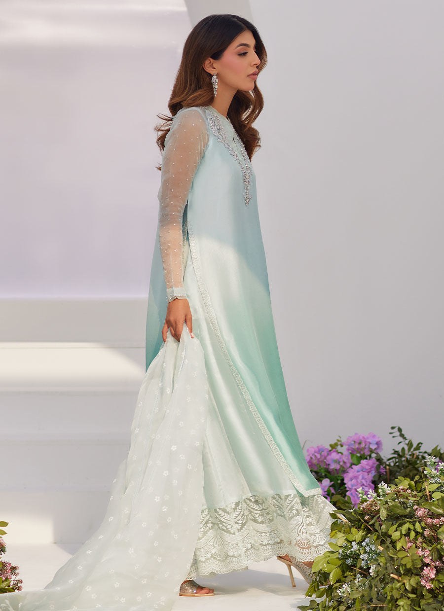 Farah Talib Aziz | Zaza Luxe Pret 24 | SOLENE AQUA OMBRE EMBELLISHED COLUMN SHIRT WITH EMBROIDERED KALIDAAR SLIP