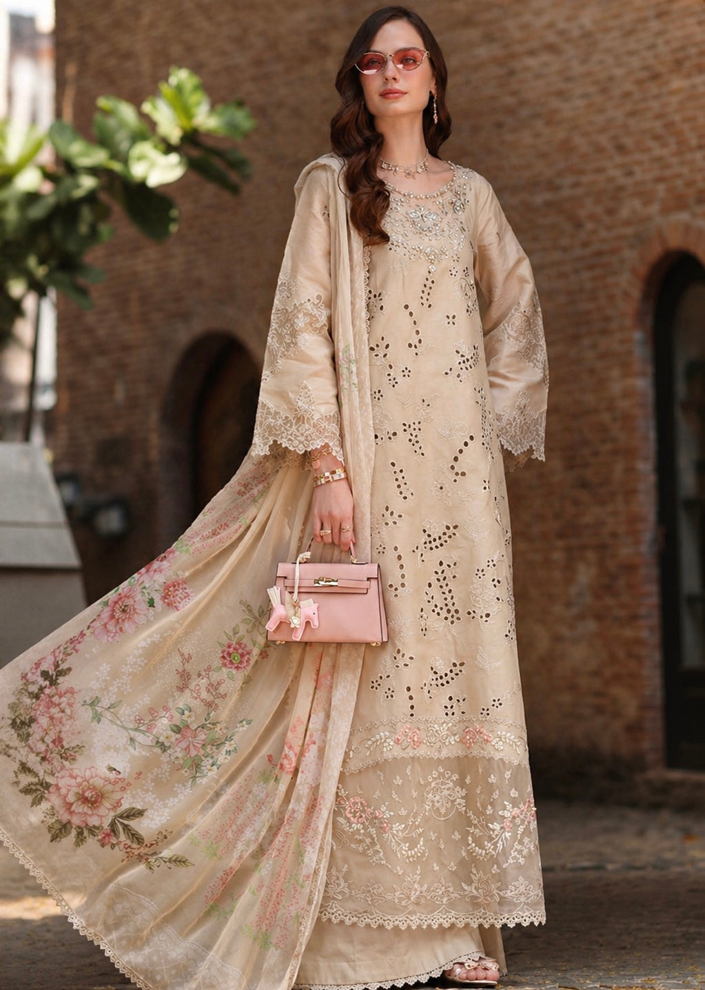 Noor by Saadia Asad | Luxury Eid Schiffli Laserkari 26 | D7 -Gris Tourtelle