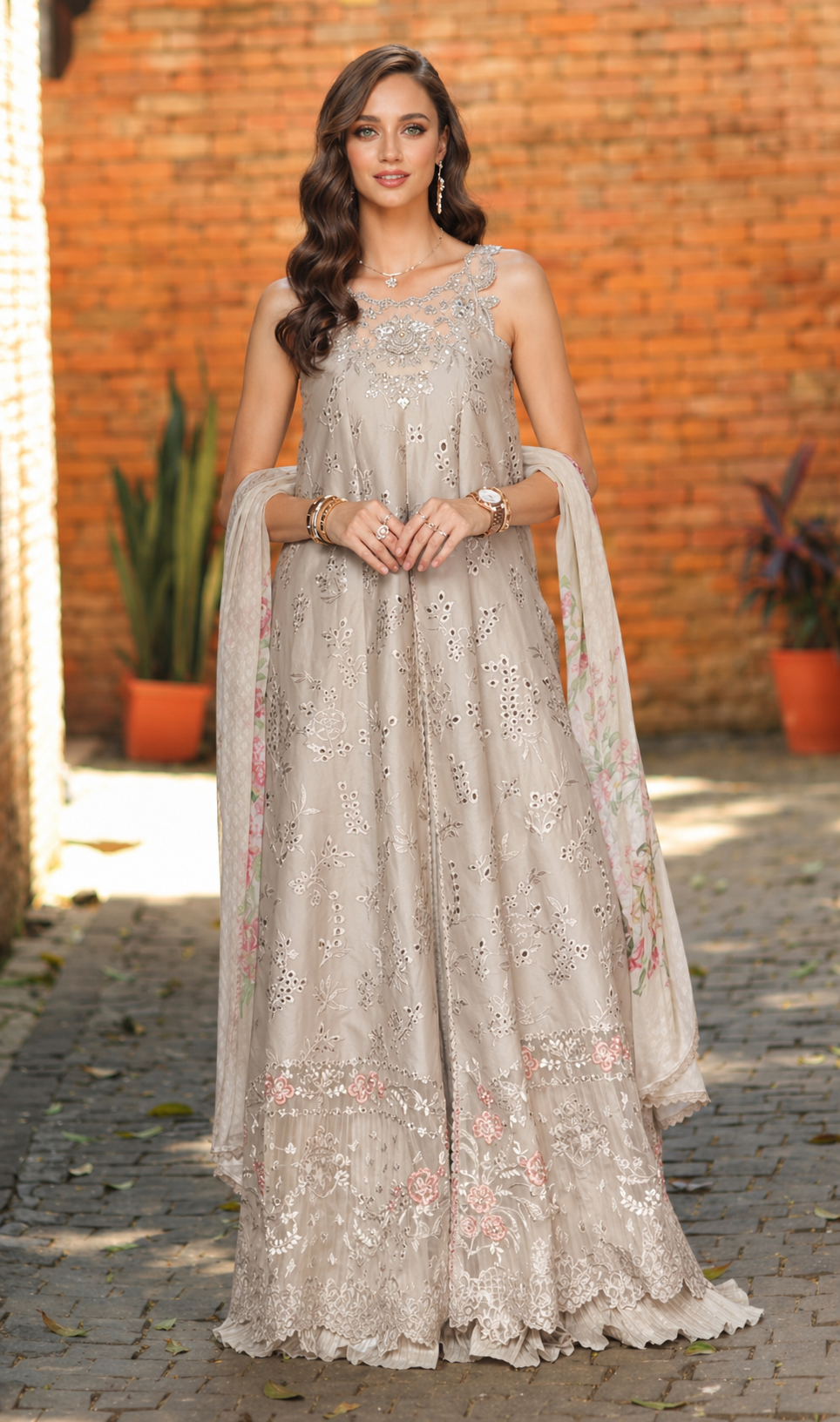 Noor by Saadia Asad | Luxury Eid Schiffli Laserkari 26 | D7 -Gris Tourtelle