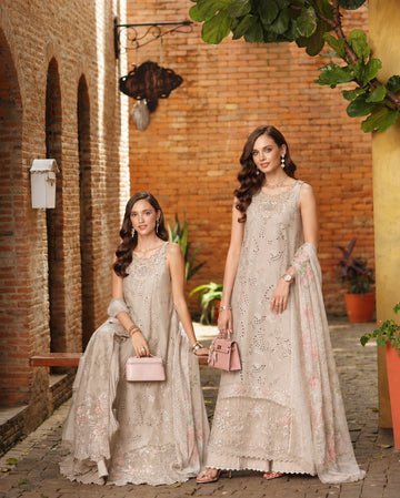 Noor by Saadia Asad | Luxury Eid Schiffli Laserkari 26 | D7 -Gris Tourtelle