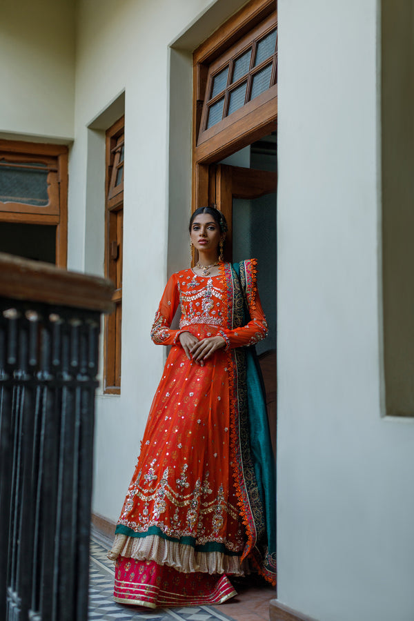 Wahajmkhan | Bahar Begum Formals | BURNT & EMERALD SHAWL ANARKALI