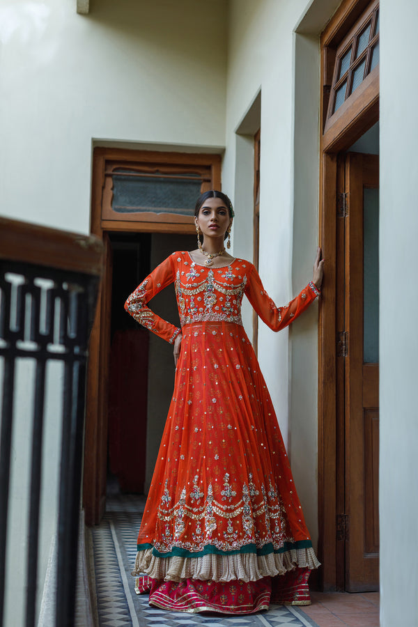 Wahajmkhan | Bahar Begum Formals | BURNT & EMERALD SHAWL ANARKALI