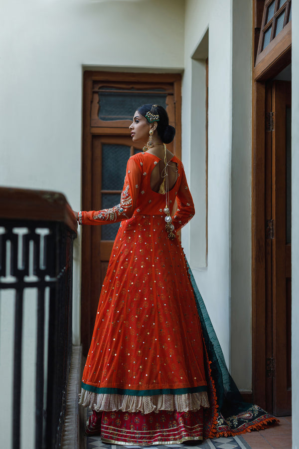 Wahajmkhan | Bahar Begum Formals | BURNT & EMERALD SHAWL ANARKALI
