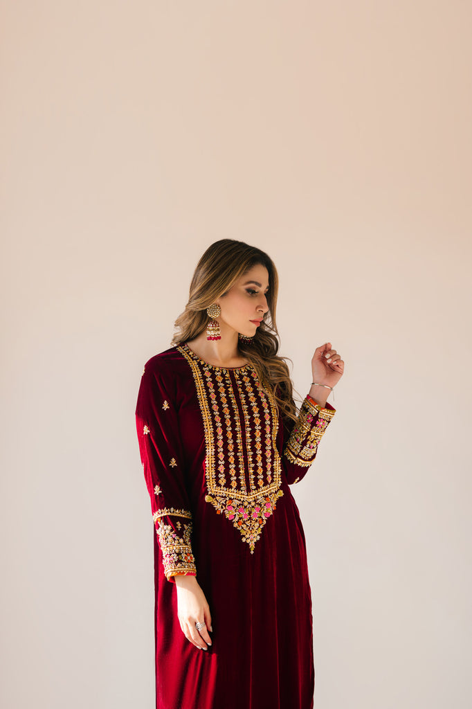 Sammy K | Velvet Festive Edit | Maroon Maxi velvet Outfit