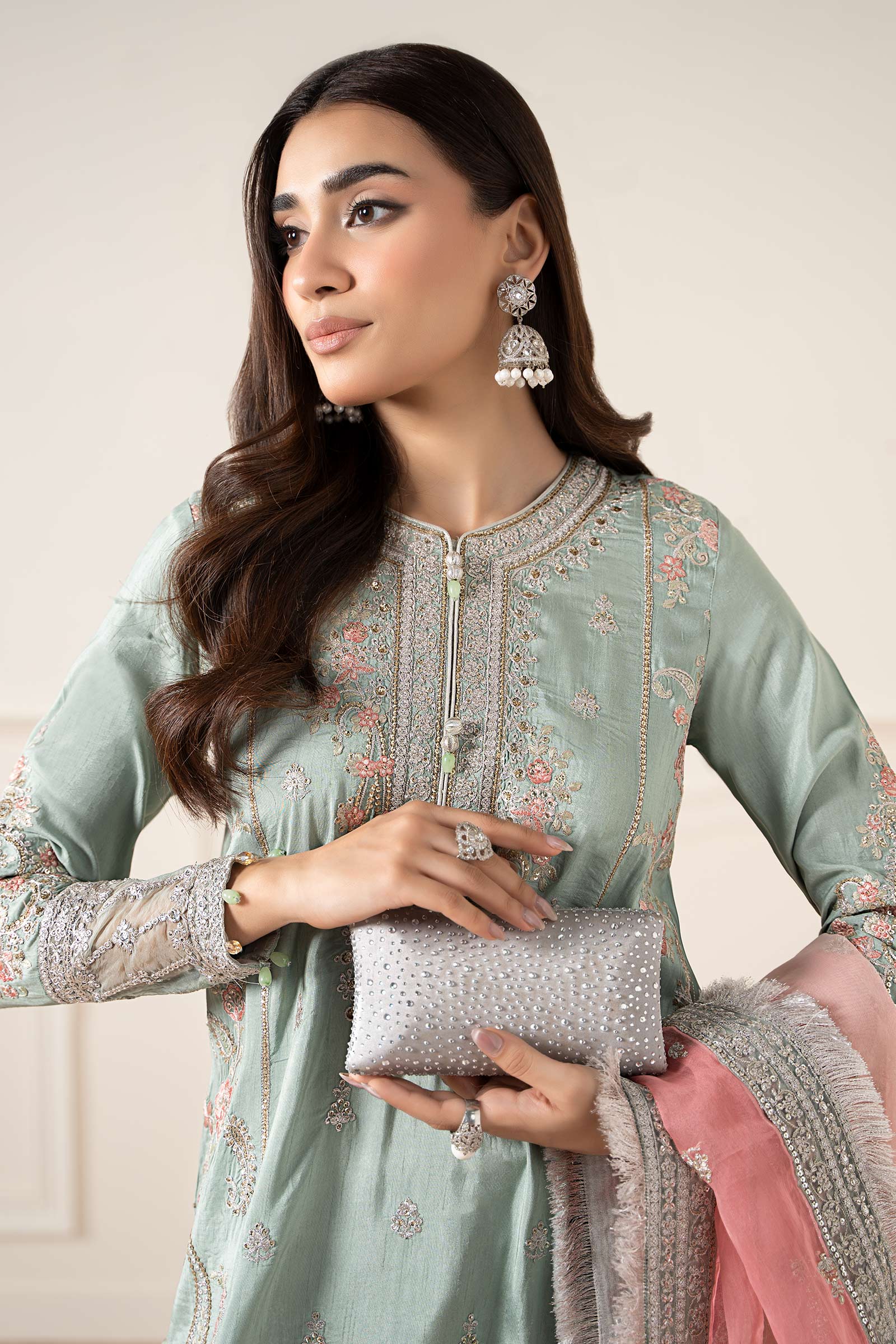 Maria B | Pre Fall Dresses | 3 Piece Embroidered Raw Silk Suit Sea Green