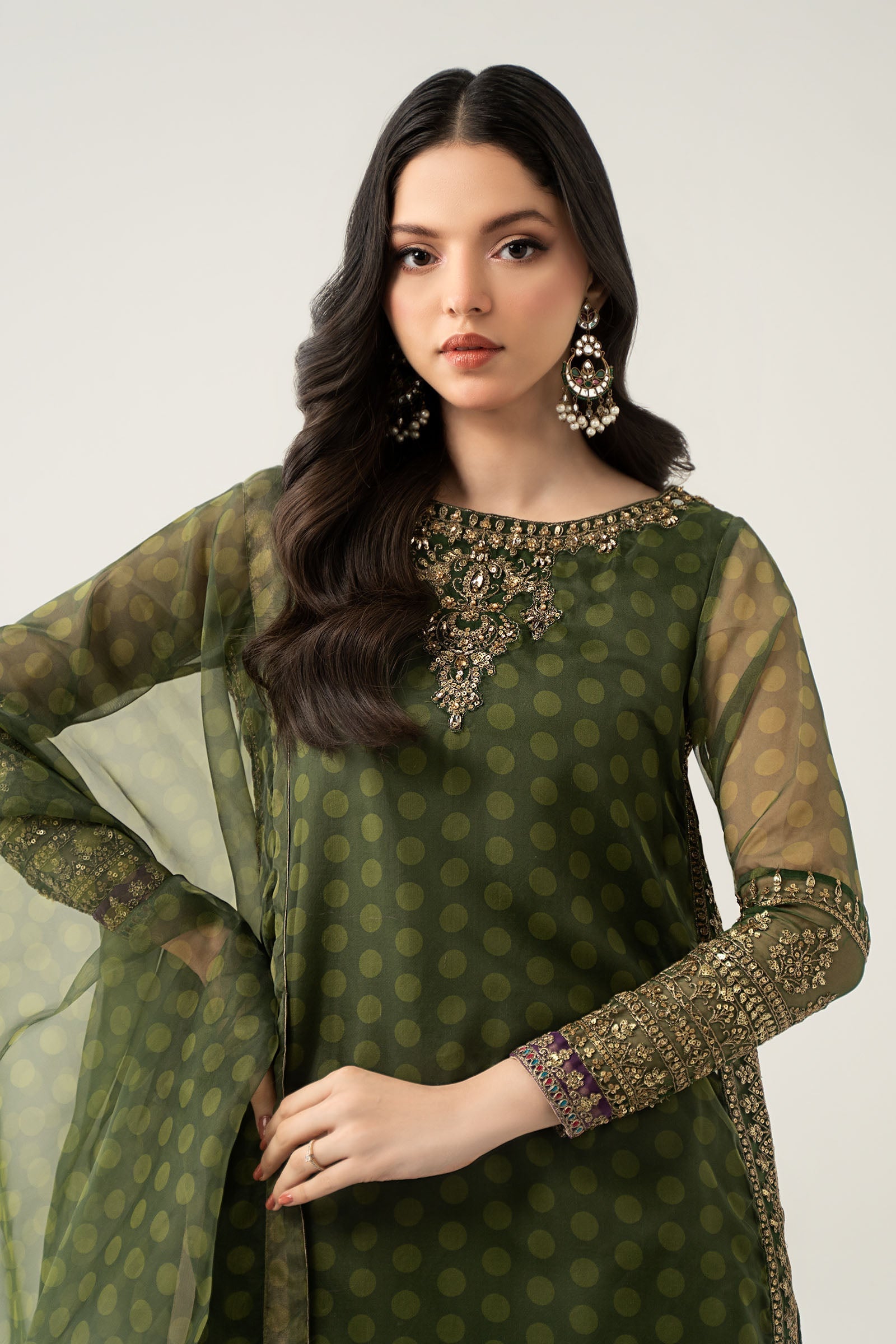Maria B | Pre Fall Dresses | 3 Piece Embroidered Suit Deep Olive Green