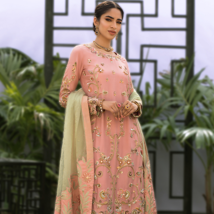 Wahaj M.Khan | Nureh Wedding Formals | Pink and Mint Green Straight Shirt and Pant
