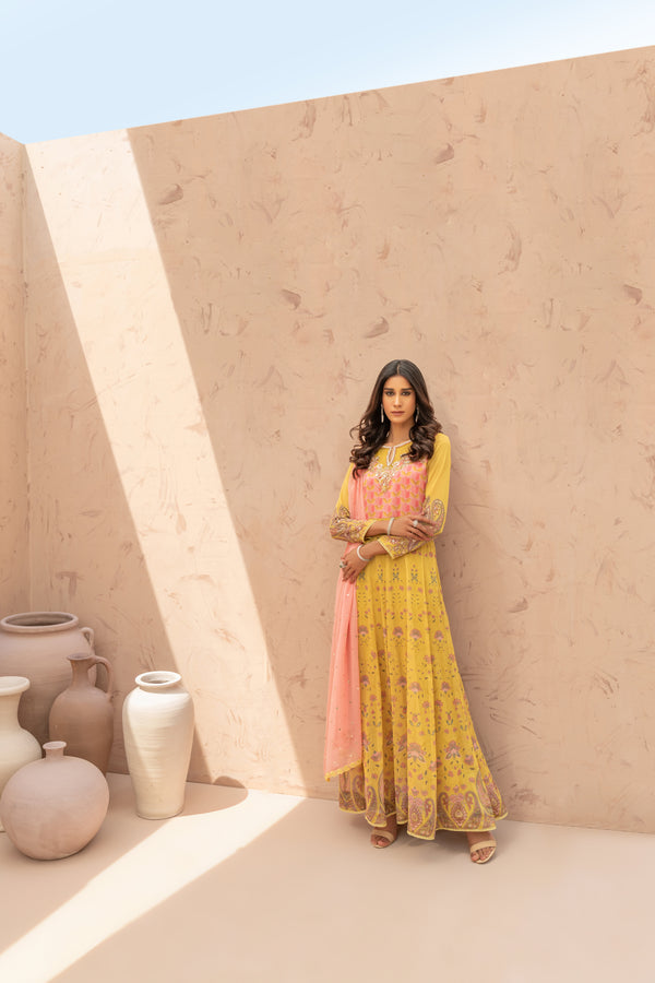 Wahaj M Khan | The Print Story |  Yellow Printed TPS Anarkali