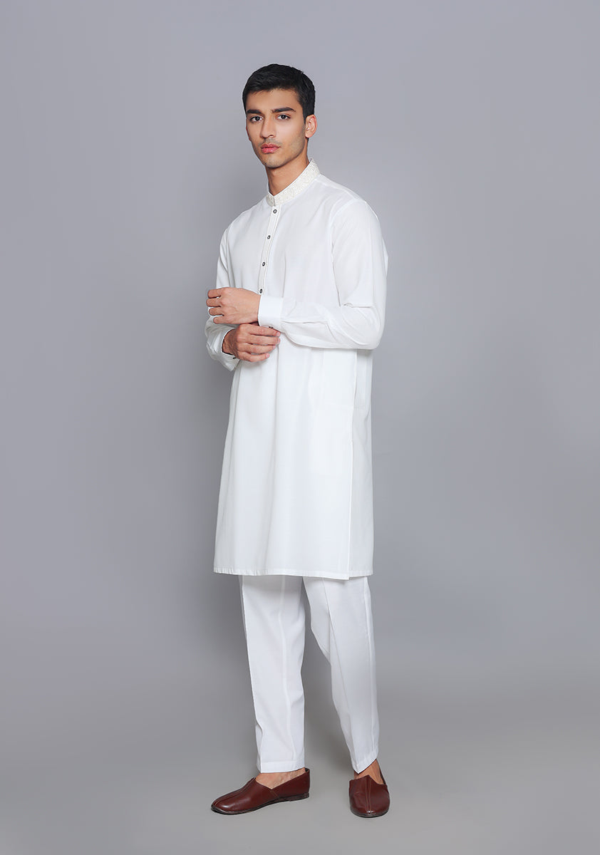 Pakistani Menswear | Amir Adnan - Basic Cotton Silk Cloud Dancer Slim Fit Embroidered Suit
