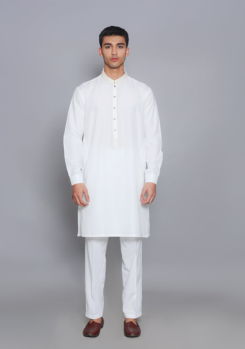 Pakistani Menswear | Amir Adnan - Basic Cotton Silk Cloud Dancer Slim Fit Embroidered Suit
