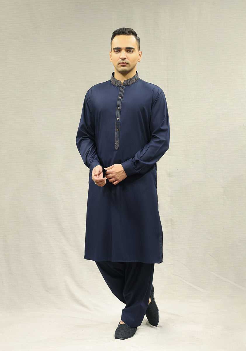 Pakistani Menswear | Amir Adnan - Classic Poly Viscose Salute Slim Fit Embroidered Suit