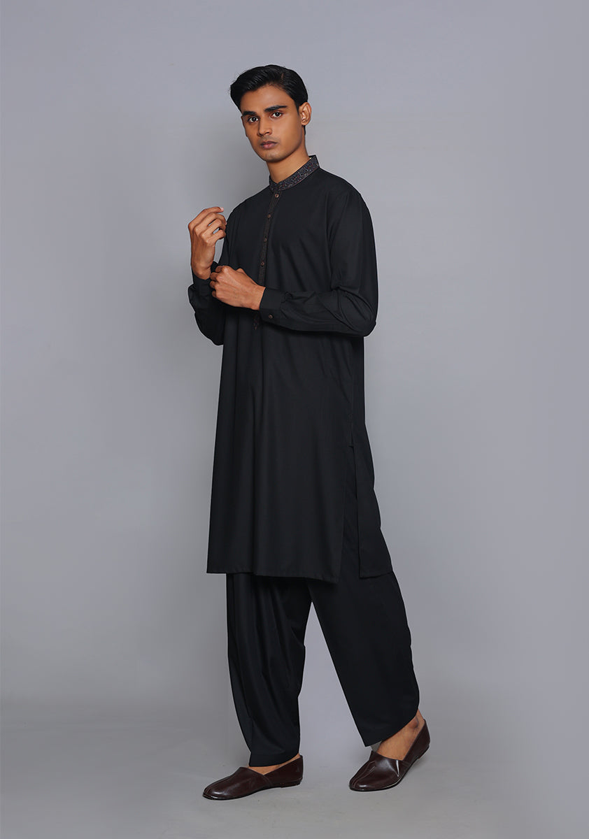 Pakistani Menswear | Amir Adnan - Basic Poly Viscose Pirat Black Classic Fit Embroidered Suit