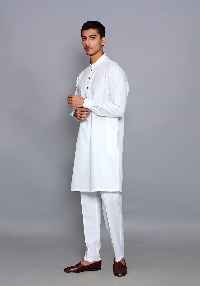Pakistani Menswear | Amir Adnan - Basic Cotton Silk Cloud Dancer Slim Fit Embroidered Suit