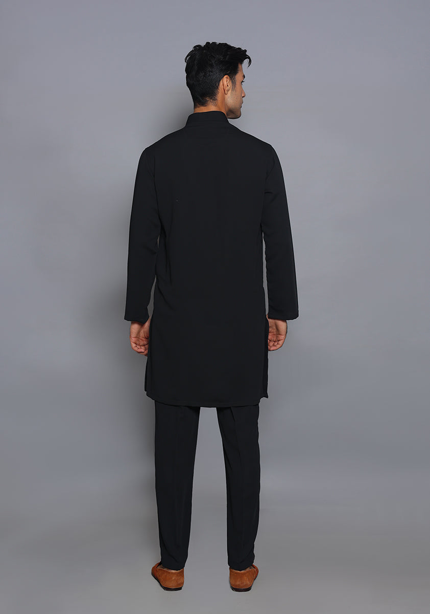 Pakistani Menswear | Amir Adnan - Classic Georgette Jet Black Slim Fit Plain Suit