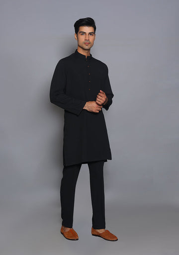 Pakistani Menswear | Amir Adnan - Classic Georgette Jet Black Slim Fit Plain Suit