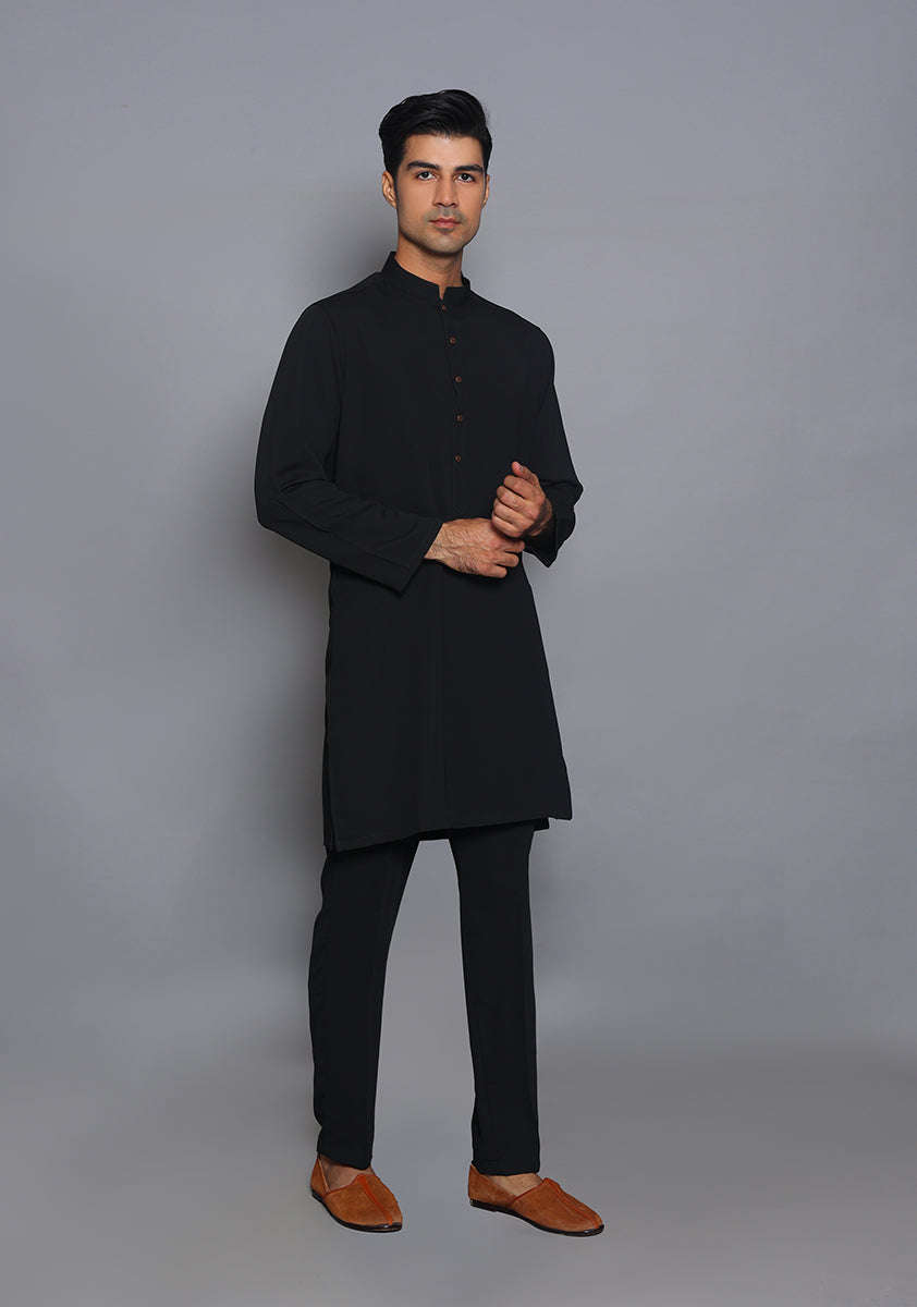 Pakistani Menswear | Amir Adnan - Classic Georgette Jet Black Slim Fit Plain Suit