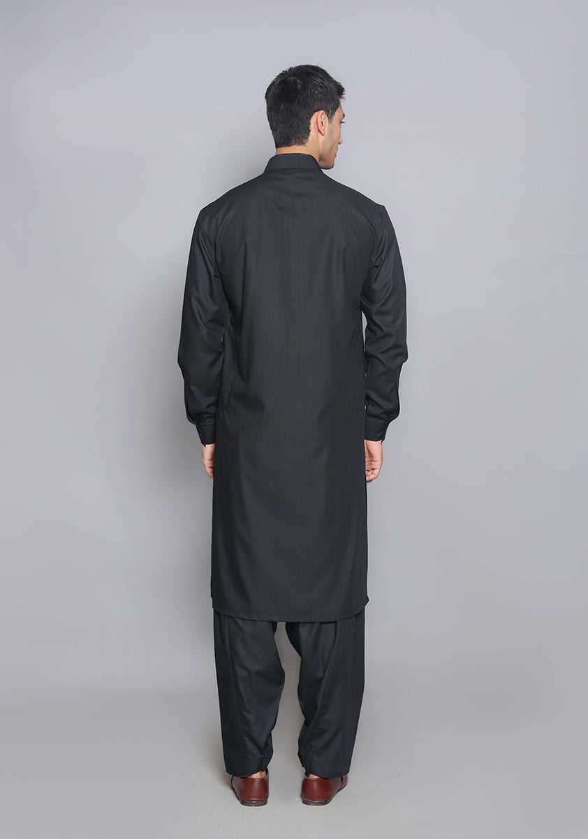 Pakistani Menswear | Amir Adnan - Basic Poly Viscose Pirat Black Slim Fit Plain Suit