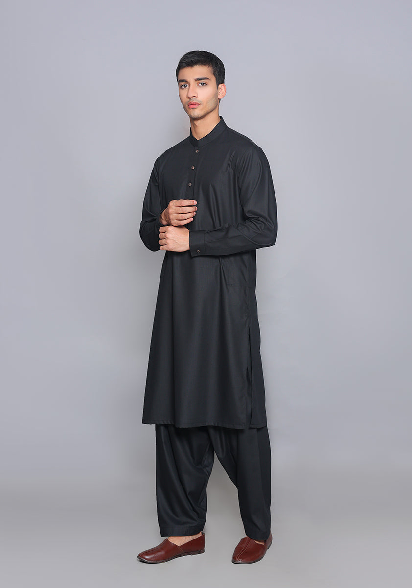 Pakistani Menswear | Amir Adnan - Basic Poly Viscose Pirat Black Slim Fit Plain Suit