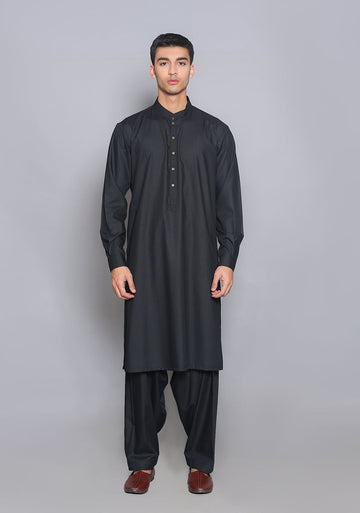 Pakistani Menswear | Amir Adnan - Basic Poly Viscose Pirat Black Slim Fit Plain Suit